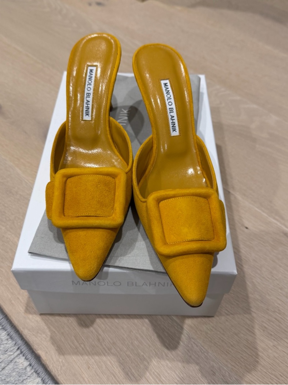 Manolo Blahnik Yellow Suede Pointed Slide Mules with Buckle